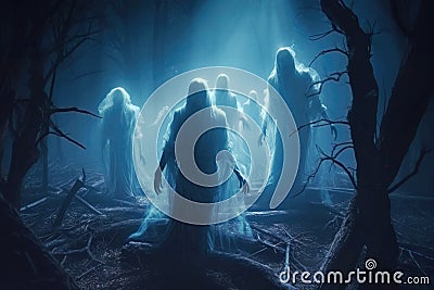 Unearthly apparitions cloaked in veils, lurking in moonlit haunted forest. Generative AI Stock Photo