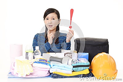 Uneasy woman with an exclamation mark Stock Photo