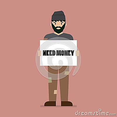 Unemployed man holding cardboard paper with Need a Job message Vector Illustration