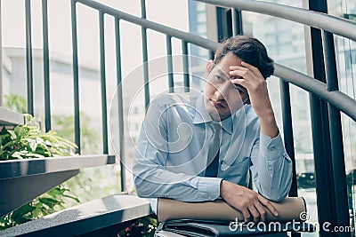 Unemployed people headache, fail because not find a job and tired on hot days. Quiting a job, businessman fired or leave a job Stock Photo