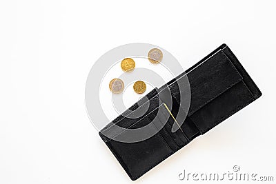 Unemployment concept. Lack of money. Coins fall out of wallet on white background top view copy space Stock Photo