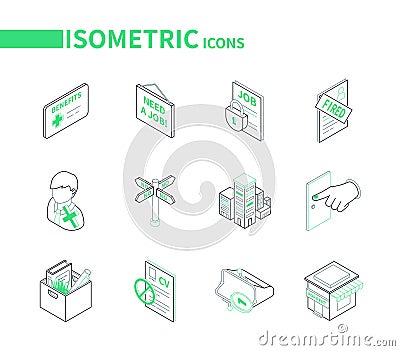 Unemployment and crisis - modern line isometric icons set Vector Illustration