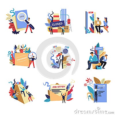 Unemployment, job offers and interviews passed by jobless Vector Illustration