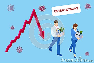 Unemployment, loss job, crisis, jobless and employee job reduction. Dismissed sad man carrying box with her things Vector Illustration