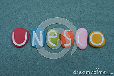 UNESCO, The United Nations Educational, Scientific and Cultural Organization with colored letters Stock Photo