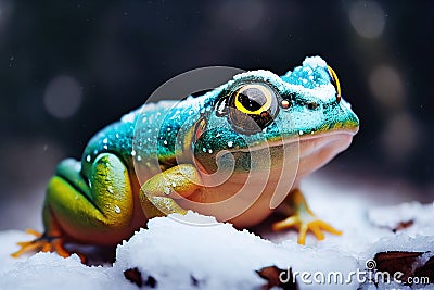 Unexpected encounter. A curious green frog ventures into the winter wonderland. AI-generated Stock Photo