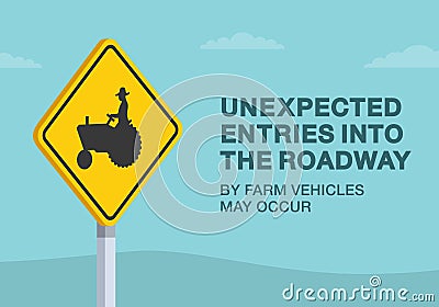 Unexpected entries into the roadway by farm vehicles may occur. Close-up view of a sign. Vector Illustration