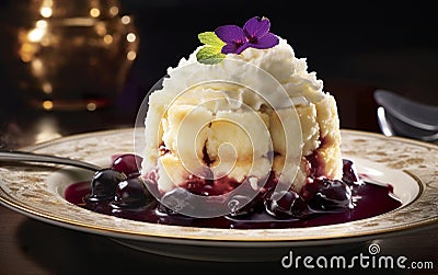 Unexpected treat with mashed potato and grape jelly parfait. Stock Photo
