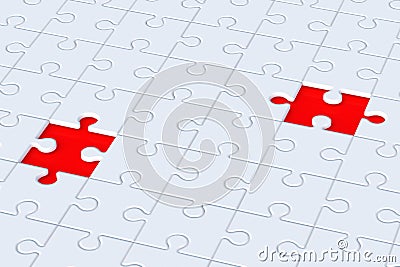 Unfinished blank white puzzle jiggle pieces one red background. Educational games Stock Photo