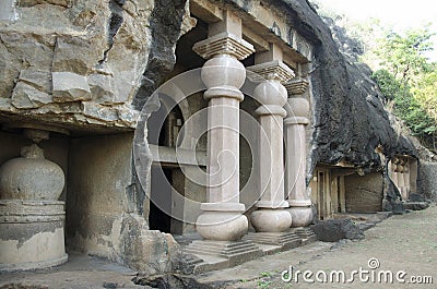 Unfinished Chaitya at the Amba - Ambika group of caves which consists of one Chaitya, 17 Viharas, 11 water tanks and in total 15 i Stock Photo