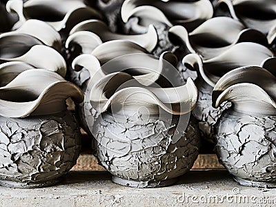Unfinished clay pots on shelves as part of a ceramic pottery workshop in Marginea, Bucovina, Suceava county, Romania Stock Photo