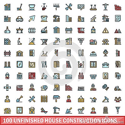 100 unfinished house construction icons set, color line style Vector Illustration