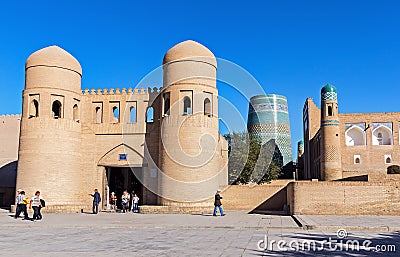 Unfinished Kalta Minor Minaret and twin-turreted Gate - Khiva, Uzbekistan Editorial Stock Photo