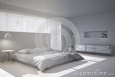 Unfinished project draft sketch of white minimalist bedroom, big window with venetian blinds Stock Photo