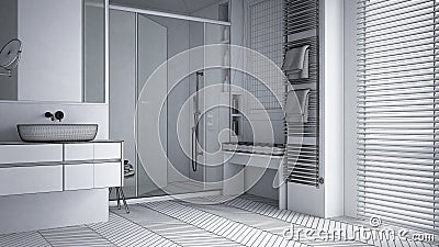 Unfinished project, minimalist bathroom with sink, large shower with glass cabin, heated tower rail, bench, herringbone parquet, Stock Photo