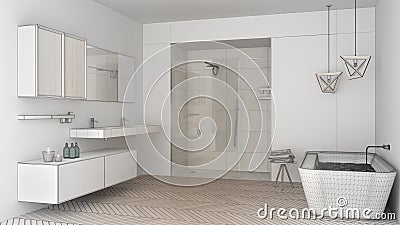 Unfinished project of minimalist bright bathroom with double sin Stock Photo