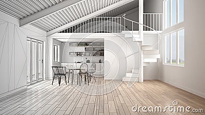 Unfinished project of minimalist open space, white kitchen with mezzanine and modern spiral staircase, loft with bedroom, concept Stock Photo