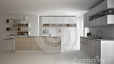 Unfinished project of modern scandinavian kitchen, sketch abstract interior design Stock Photo