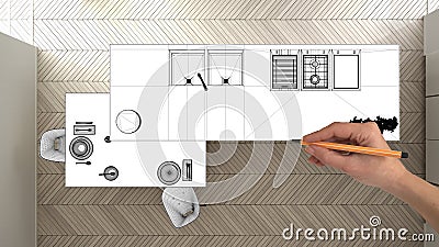 Unfinished project, under construction draft, concept interior design sketch, hand drawing blueprint kitchen sketch in real Stock Photo