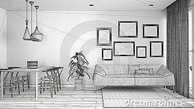 Unfinished project of warm and confortable colored white living room with dining table, sofa and fur carpet, potted plant and Stock Photo
