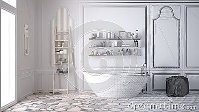 Unfinished project of white scandinavian bathroom, sketch abstract interior design Stock Photo