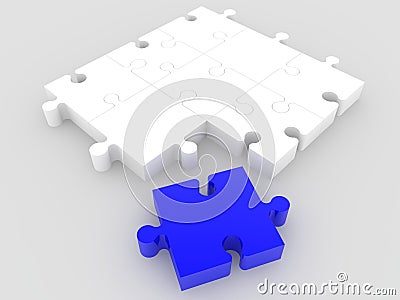 Unfinished puzzle concept in white with a blue puzzle piece in the foreground Stock Photo