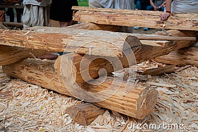 Unfinished rustic log cabin building - outdoor, summer time Stock Photo