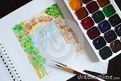 Unfinished watercolor picture of open blue window surrounded with green climbing plants Stock Photo