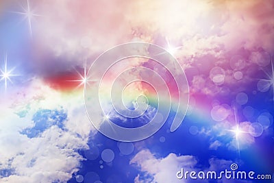 Unfocused Heaven gates to Paradise in clouds, God path. Entering the Heaven, blurred defocused photo of sky and rainbow. Dramatic Stock Photo