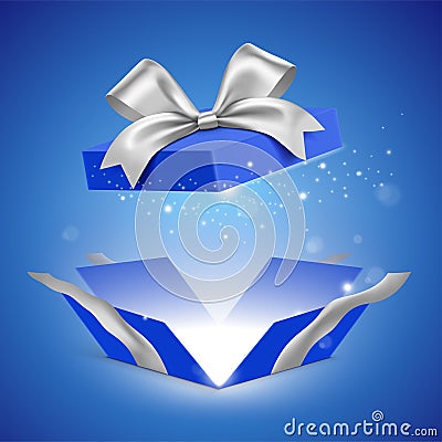 Unfolded blue gift box with silver ribbon and glitter light shining from inside. Magical gift vector illustration. Vector Illustration