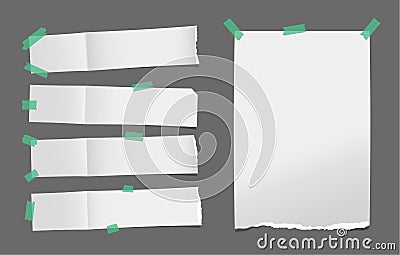 Unfolded ripped white card, note paper or blank brochure, leaflet with shadow stuck with green sticky tape on dark Vector Illustration