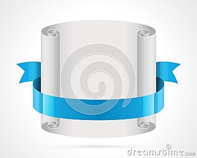 Unfolded scroll tied with blue ribbon vector template. Rolled up blank parchment for congratulations and advice. Vector Illustration