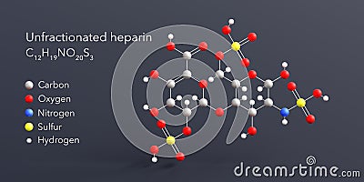 unfractionated heparin molecule 3d rendering, flat molecular structure with chemical formula and atoms color coding Stock Photo