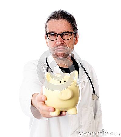 Unfriendly doctor with piggy bank Stock Photo