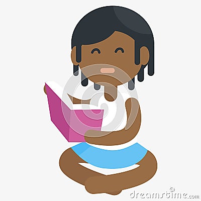 Unhappy African Girl Isolated Reading Book Vector Illustration