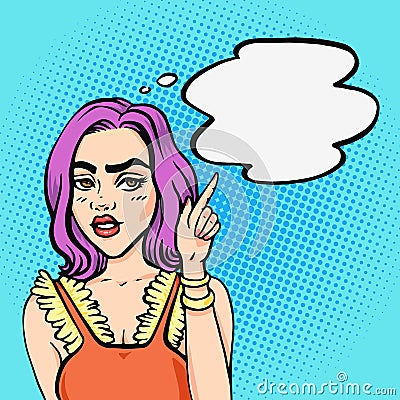 Unhappy bored young teenager girl pointing with finger on speech bubble. Stressed and angry young teen vector illustration in pop Vector Illustration