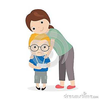 Unhappy boy with broken arm. Mom hugs sad child. First aid for trauma, arm in cast. Health care Vector Illustration