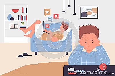 Unhappy boy crying because of father lying with laptop on couch, busy father using gadget Vector Illustration