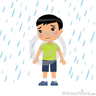 Unhappy boy under rain flat vector illustration. Sad preteen child in bad rainy weather. Vector Illustration