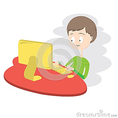 Unhappy Boy Using Computer. Vector Illustration