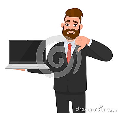 Unhappy business man holding or showing a latest new brand laptop computer PC and gesturing, making thumbs down sign. Modern Vector Illustration