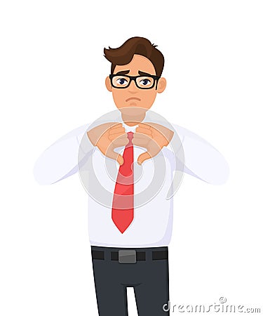 Unhappy business man showing, making, gesturing thumbs down sign with hand fingers. Dislike, bad, disagreement, disgust. Vector Illustration