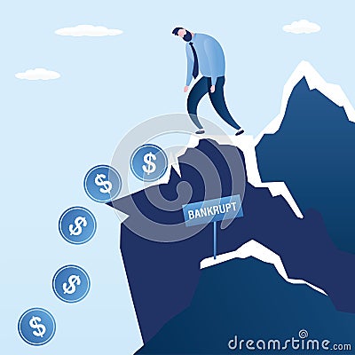 Unhappy businessman bankrupt stands on cliff. Cartoon sad male character with big finance problems Vector Illustration