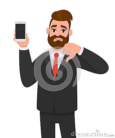 Unhappy businessman holding/showing brand new smartphone, mobile, cell phone in hand and gesturing thumbs down sign. Human emotion Vector Illustration