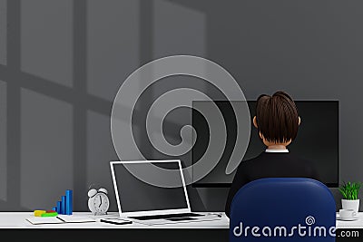 Unhappy businessman overtime working, using computer overwork overnight in office, 3D rendering Stock Photo