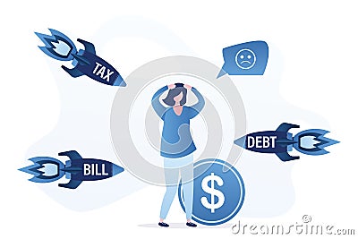 Unhappy businesswoman with dollar coin, rockets with bill,debt and taxes. Tax avoidance Vector Illustration