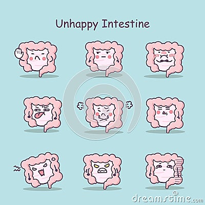 Unhappy cartoon intestine set Vector Illustration