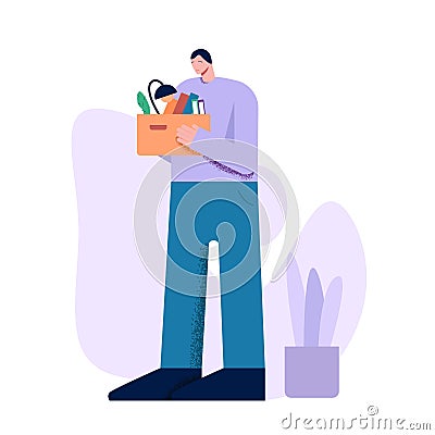 Unhappy cartoon male holding carrying box with things after dismissal Vector Illustration