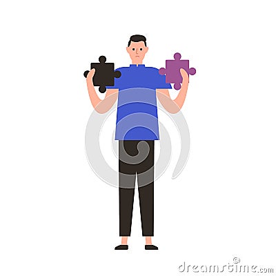 Unhappy cartoon man holding inappropriate jigsaw puzzle pieces vector flat illustration. Concept of problem solving Vector Illustration