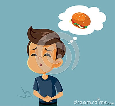 Little Boy Hurting Being Hungry Thinking about a Hamburger Vector Illustration